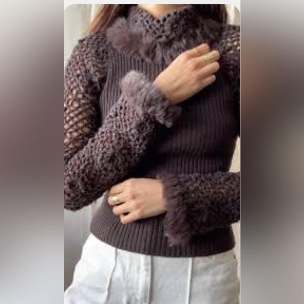 DOLCE CABO Crochet & Fur Trim Sweater Rib Knit Turtleneck Mocha XL MSRP $198